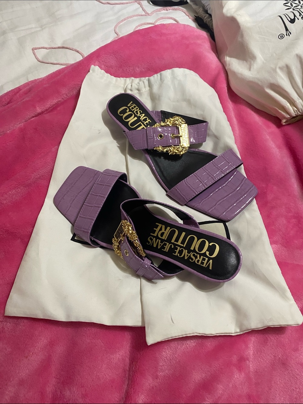 Gucci  Jeans Collection Lilac Croc-Embossed Slide Sandals with Gold Buckl